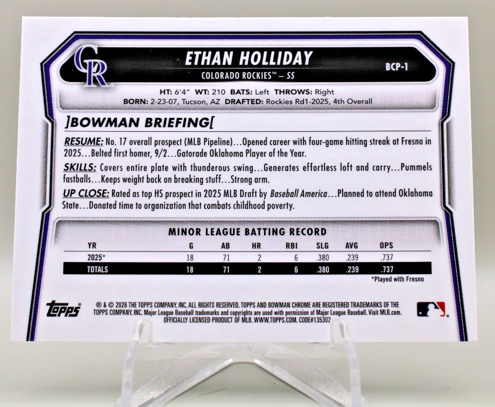 2026 Bowman Chrome Prospects – Ethan Holliday #BCP-1 Rockies
