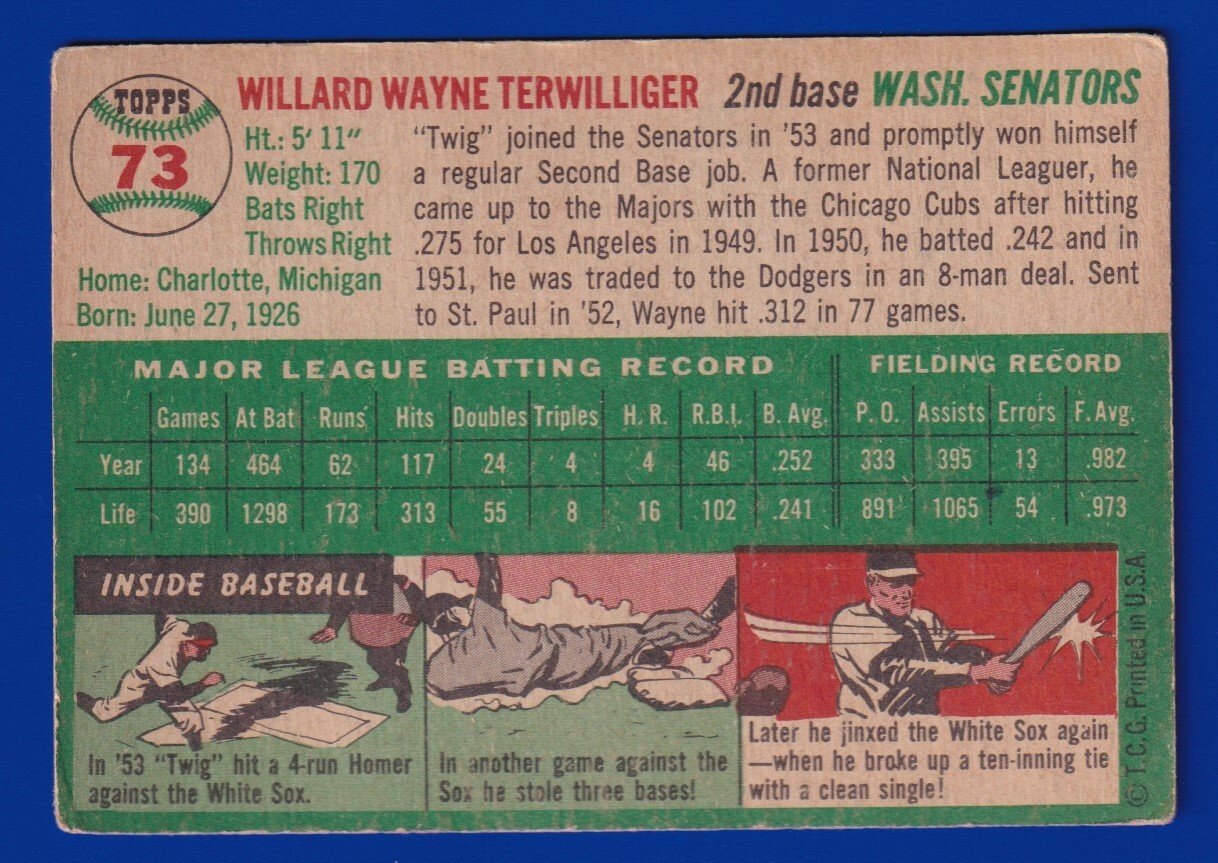 WAYNE TERWILLIGER senators 1954 TOPPS #73 GOOD