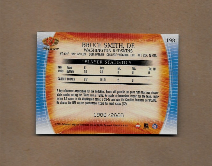 2000 Collector’s Edge Masters Bruce Smith Card #198 SN#1906/2000 Redskins NM/MT