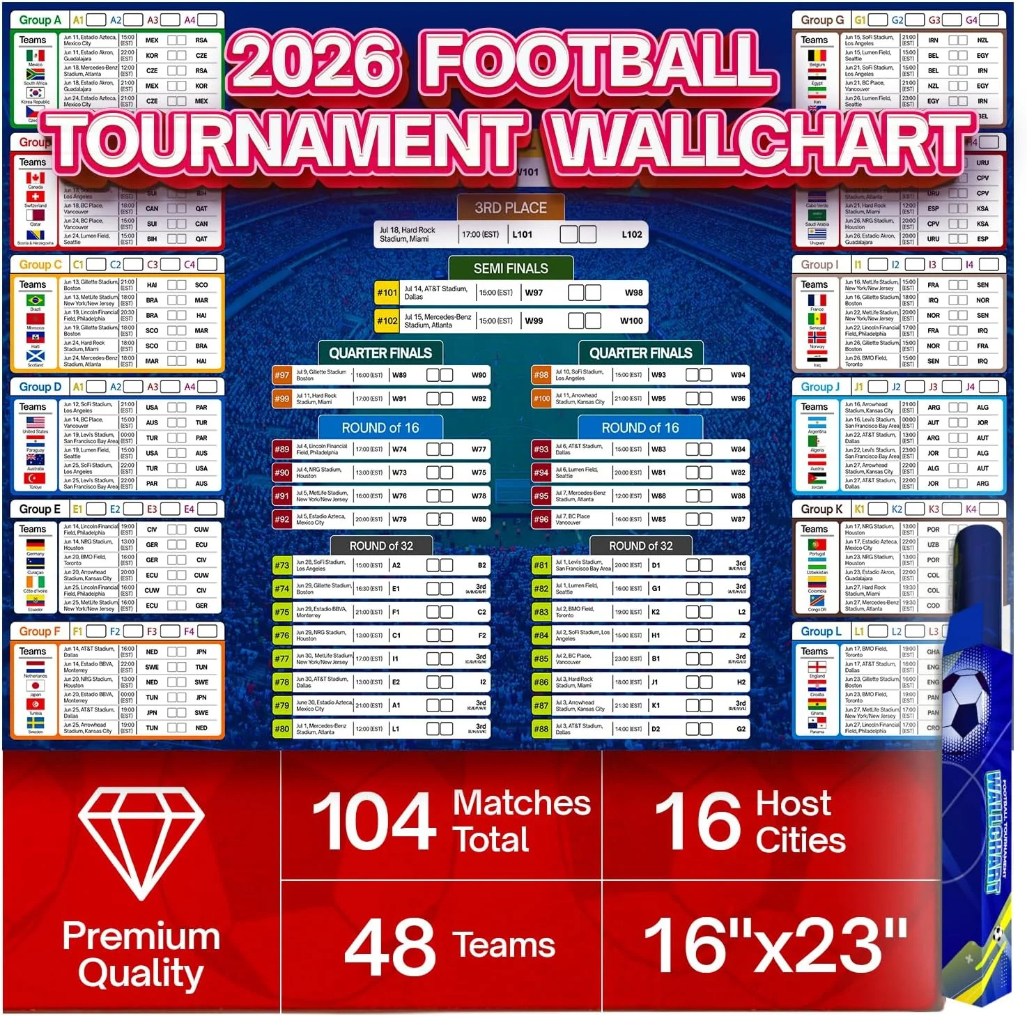 2026 World Cup Soccer Schedule Poster 16.5″ x 23.6″ – PVC Dry Erase Match Calend