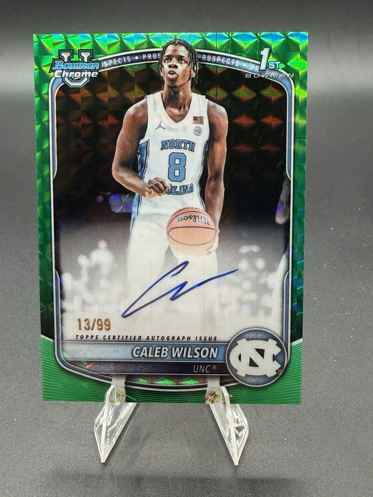 Caleb WIlson 2025-26 Bowman University Chrome 1st Green Geometric /99 Auto + Mag