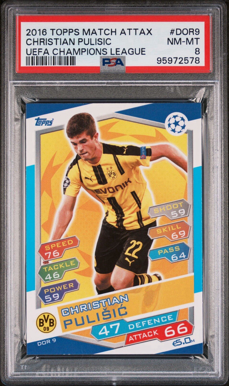 2016 Topps Match Attax UCL Borussia Dortmund Christian Pulisic DOR9 Rookie PSA 8