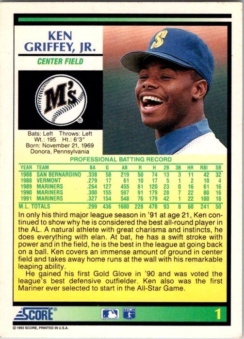 Ken Griffey, Jr – 1992 Score – # 1 – Mariners