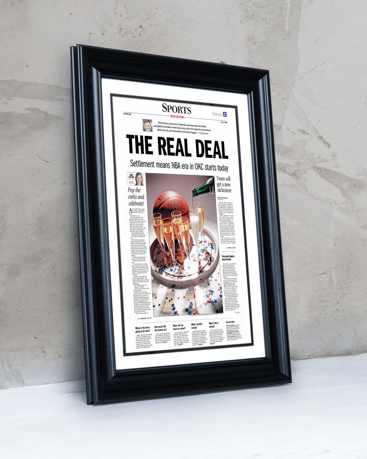 2008 Oklahoma City Thunder NBA Arrival “The Real Deal” – Framed Newspaper