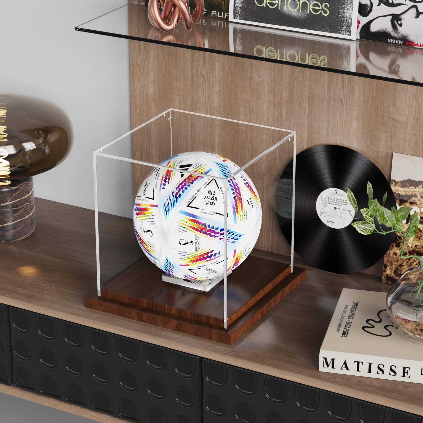 Soccer Ball Display Case with Wood Base, Clear Acrylic Display Case Soccer Bo…