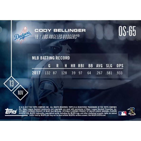 2017 TOPPS NOW #OS-65 CODY BELLINGER 2017 N.L. ROOKIE OF THE YEAR RECIPIENT