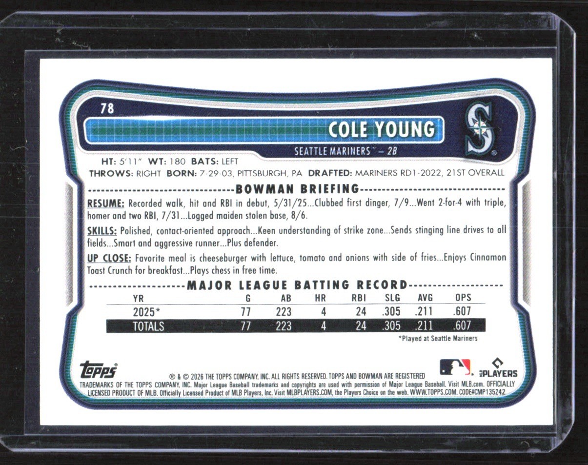 2026 Bowman Cole Young RC Logo Pattern Refractor Seattle Mariners #78