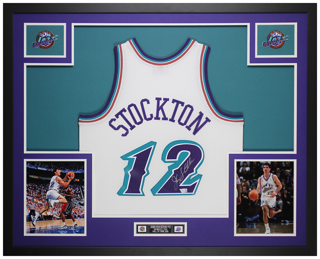 John Stockton Autographed & Framed White Utah Jersey Auto Fanatics Cert