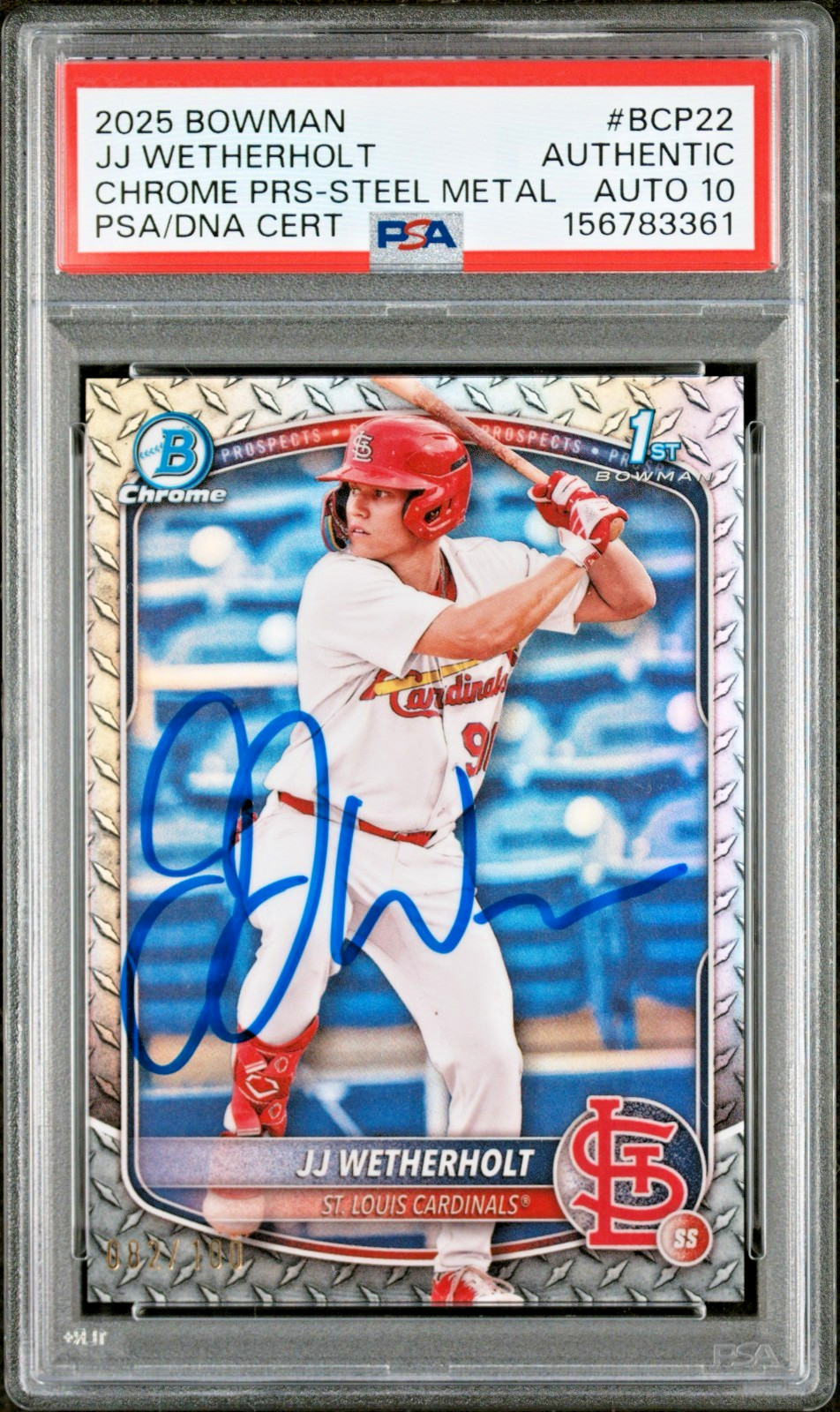 JJ Wetherholt Signed 2025 1st Bowman Steel Metal Refractor /100 PSA Auto Gem 10