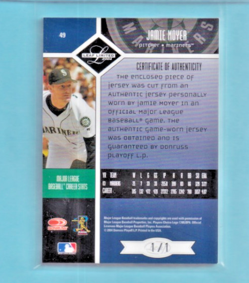 2004 Leaf Limited Threads Jersey Prime #49 Jamie Moyer 1/1 3 CLR PATCH SEATTLE