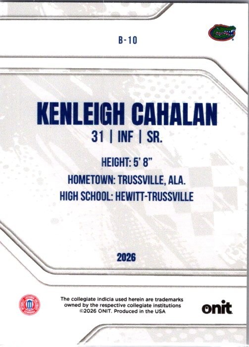 2026 ONIT NIL Florida Softball #B-10 Kenleigh Cahalan Platinum Parallel 27/49