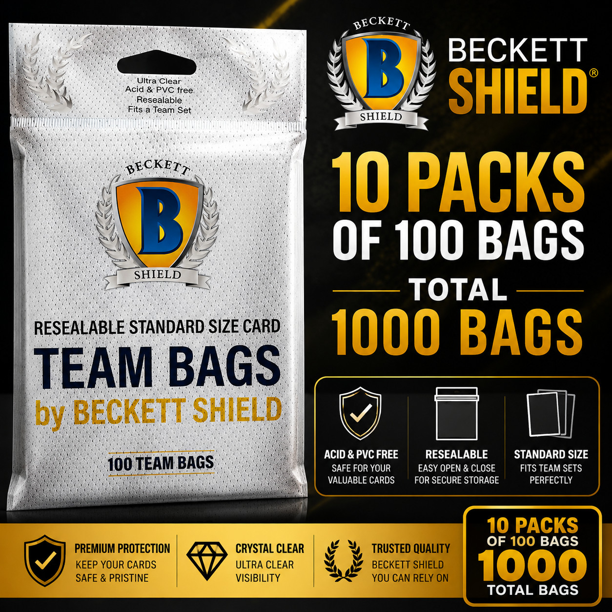 1000 PACK – Beckett Shield Team Bags Resealable Sleeves – 10 Packs of 100 Bags
