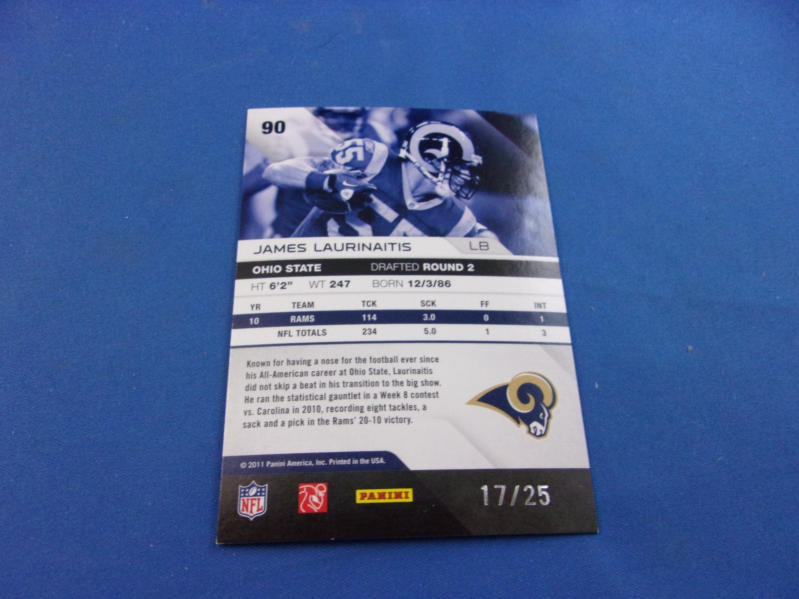 James Laurinaitis Absolute 2011 90 Short Print SP 17/25 Spectrum Gold