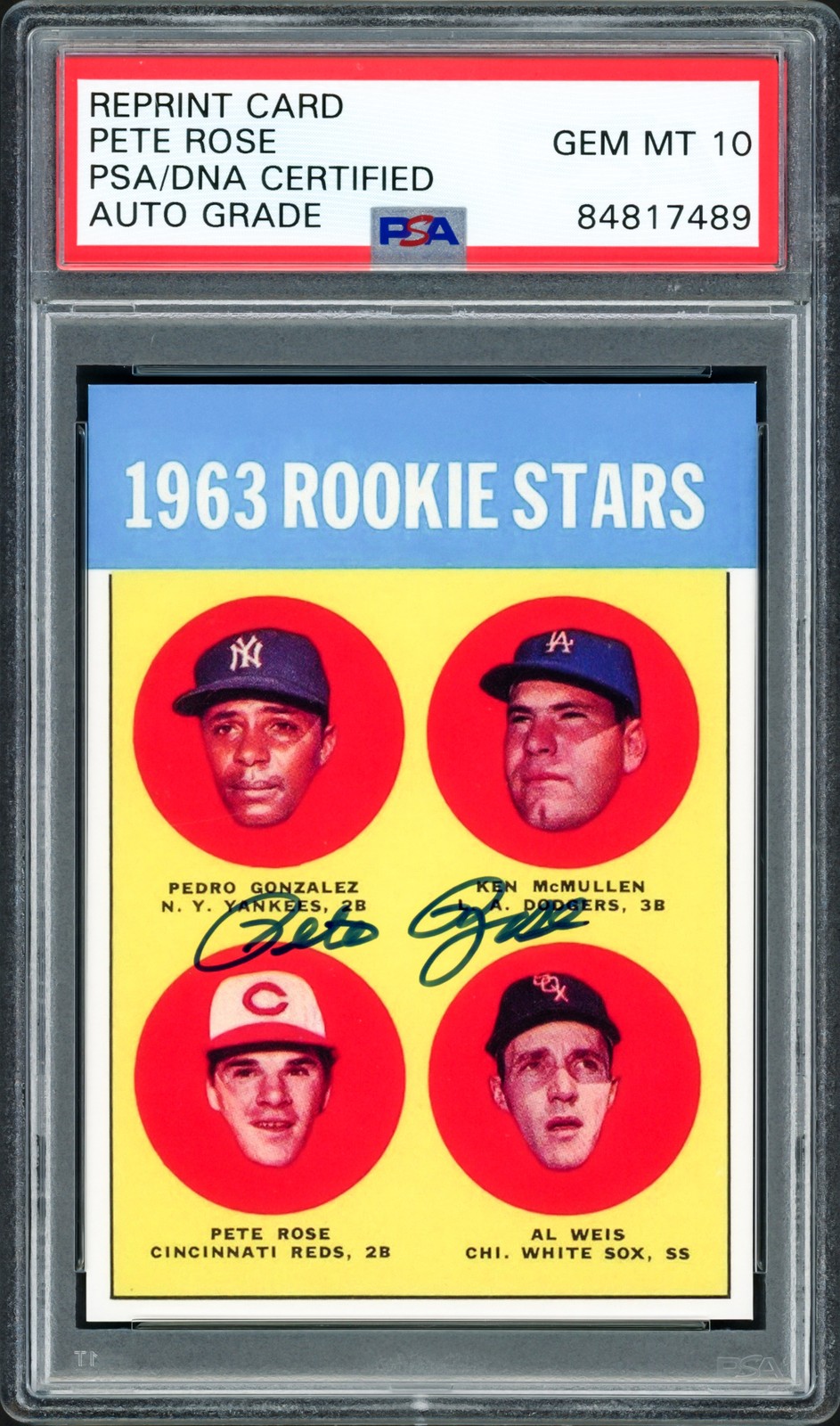 Pete Rose Signed 1963 Topps RC Retro RP Card #537 Reds Sig GM 10 PSA/DNA