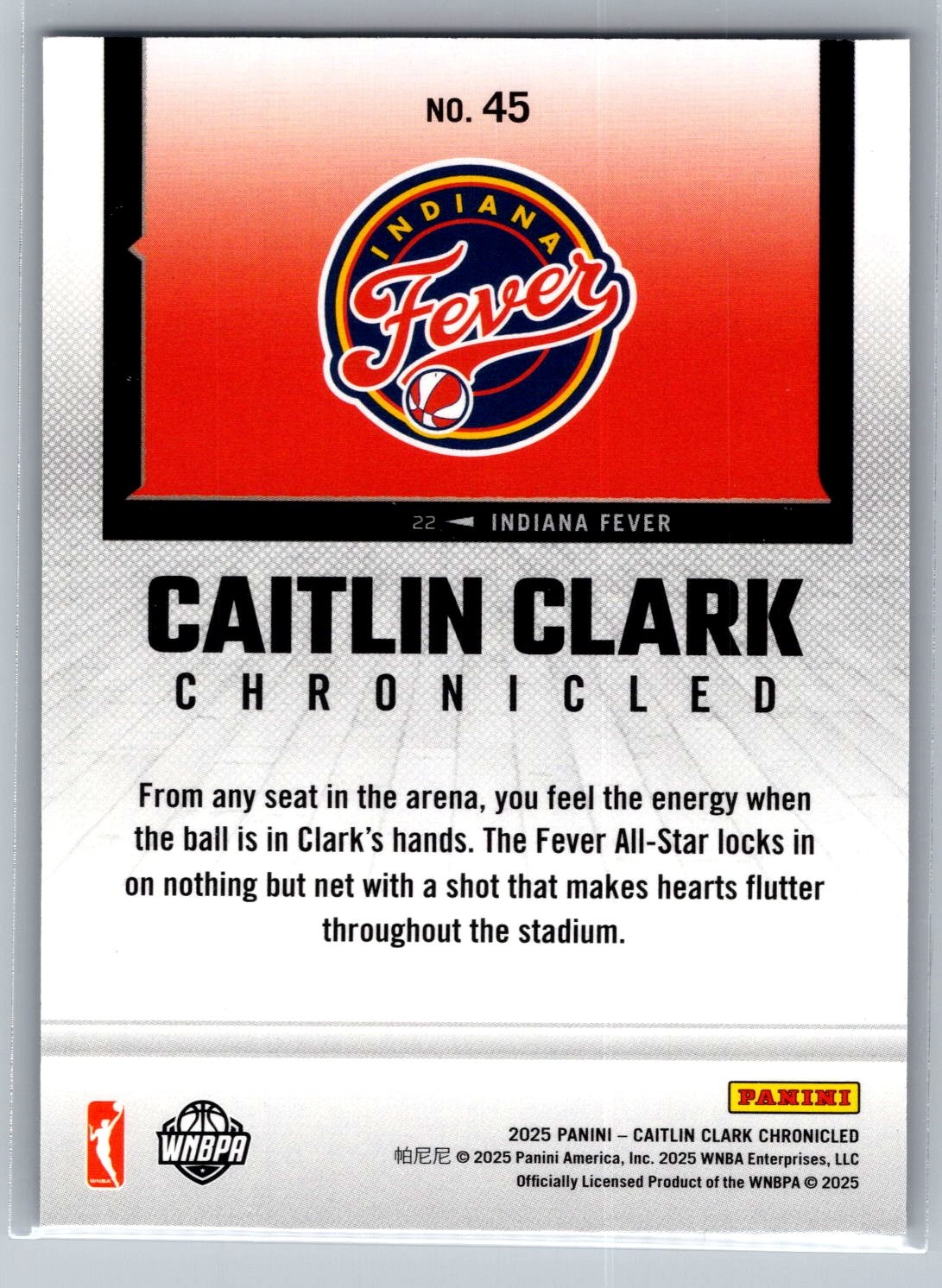 2025 Panini Chronicled Slick Shots CAITLIN CLARK #45 Indiana Fever Holo