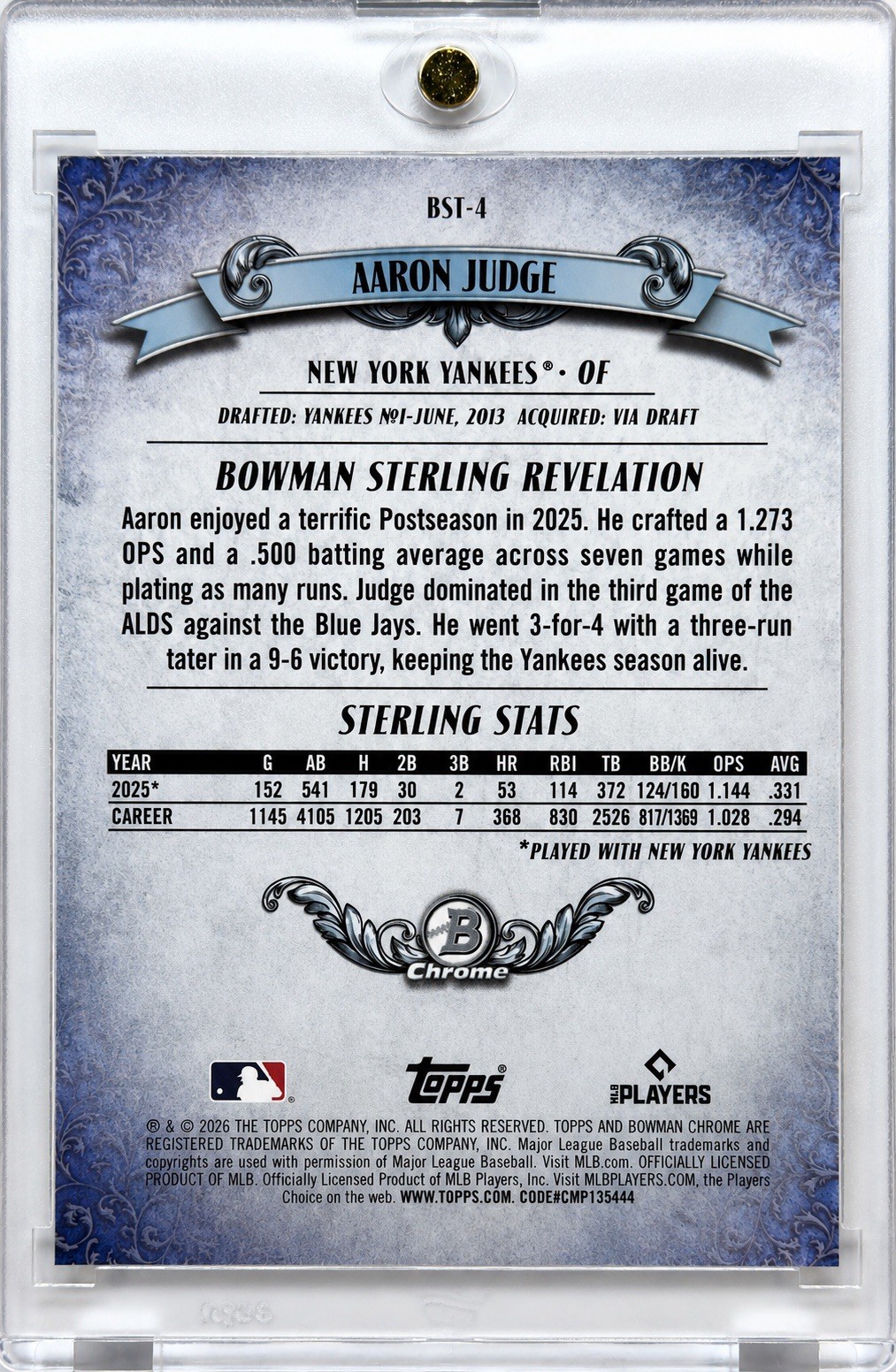 Aaron Judge 2026 Bowman Chrome Sterling Revelation #BST-4 Yankees