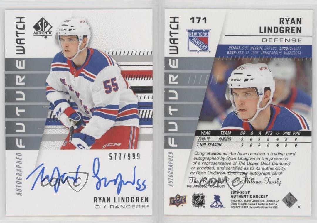2019 SP Authentic Future Watch Rookies 577/999 Ryan Lindgren Rookie Auto RC 05cr
