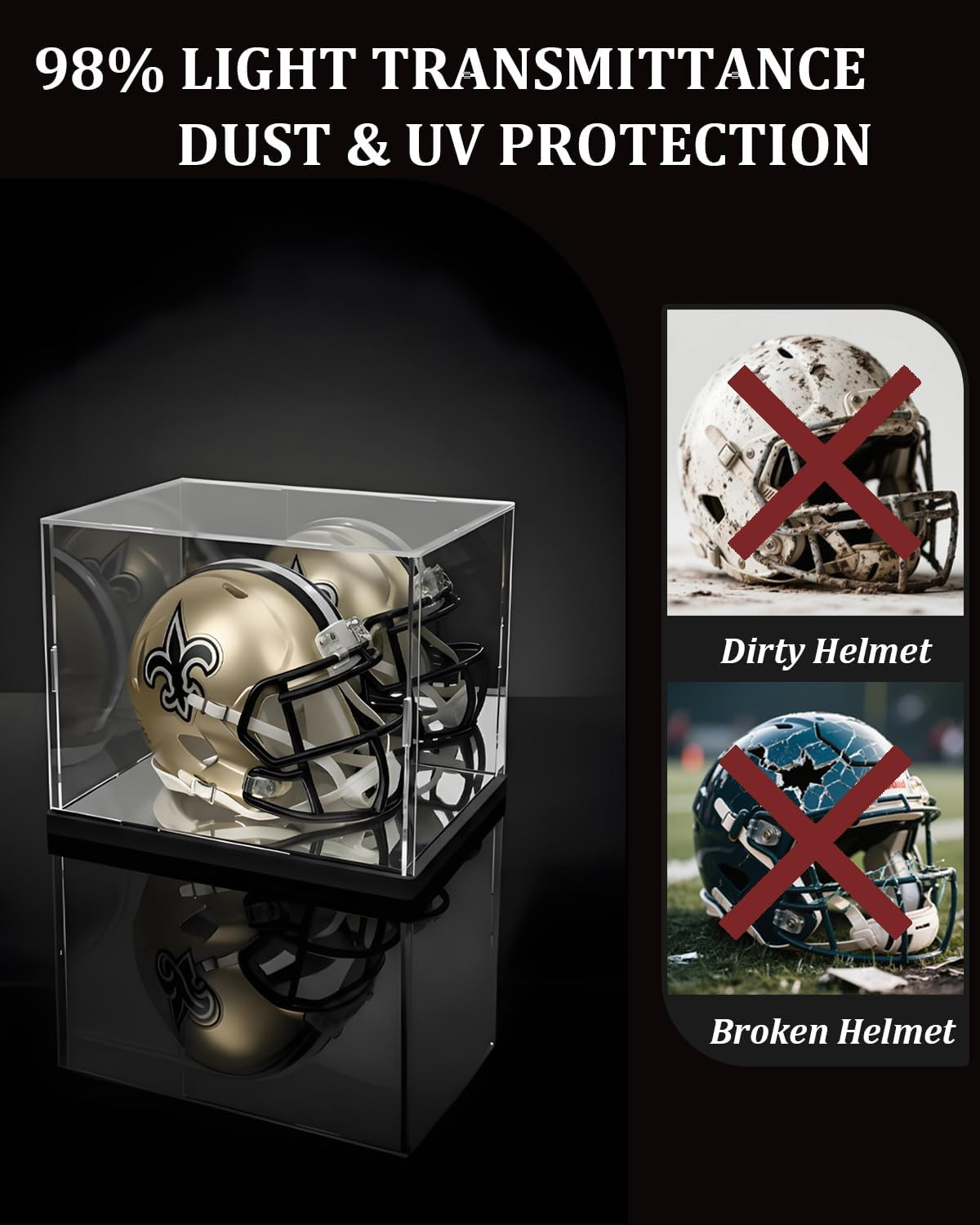 Mini Helmet Display Case with UV Protection & Mirror Back | Clear Acrylic Showca