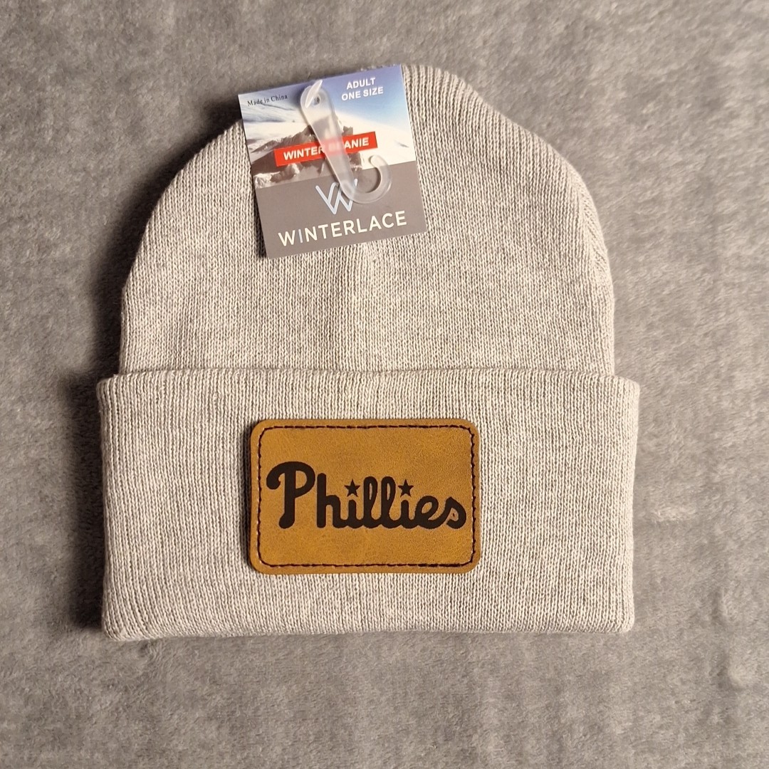 Philadelphia Phillies Leather Rectangle Patch Gray Beanie Cap MLB