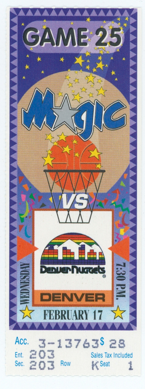 SHAQ 24 PT 18 REB + MUTOMBO 1st Mtg ~ VTG 1993 NBA TKT Stub Nuggets @ Magic 2/17