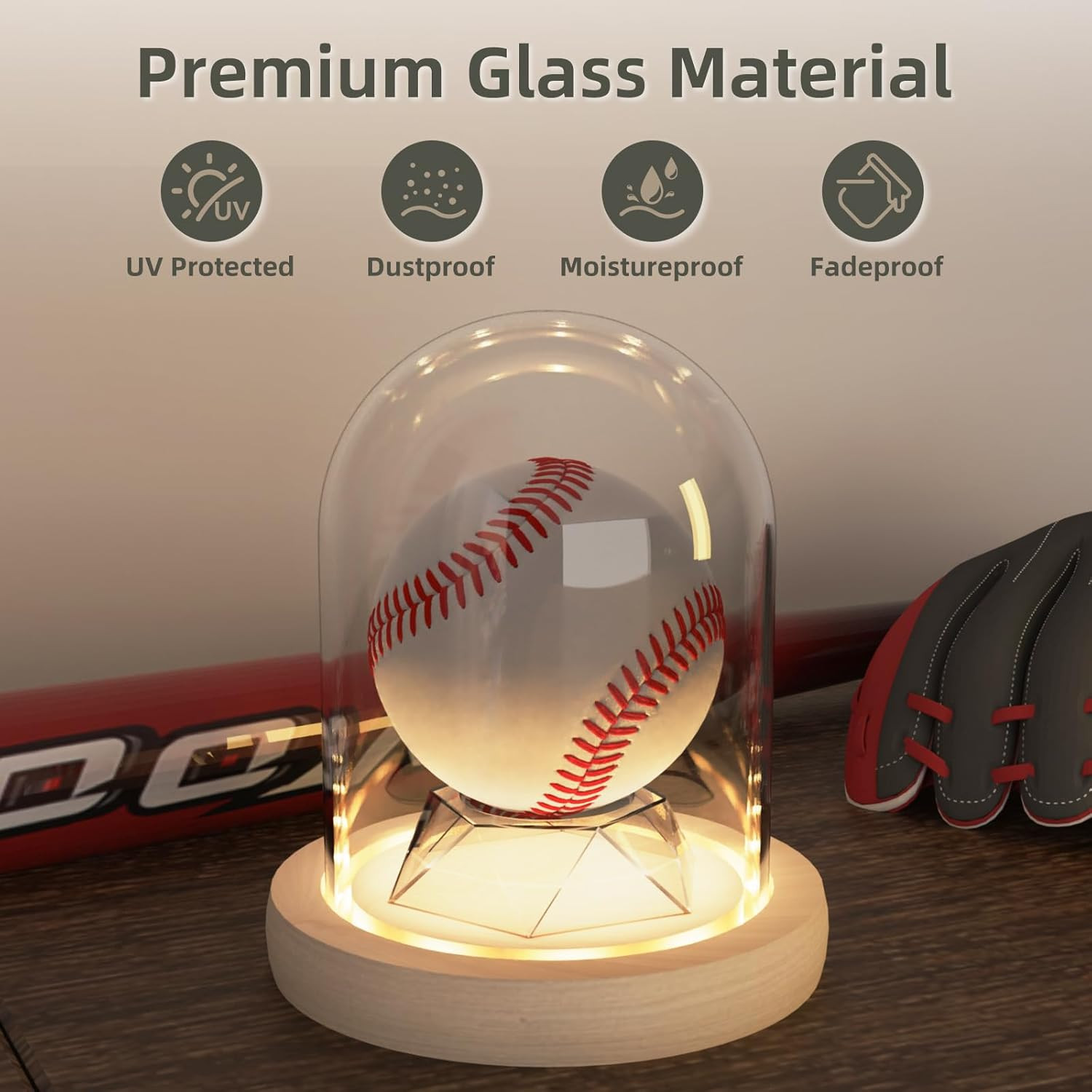 Baseball Display Case with LED Light Base, Glass Dome Cloche Baseball Holder for