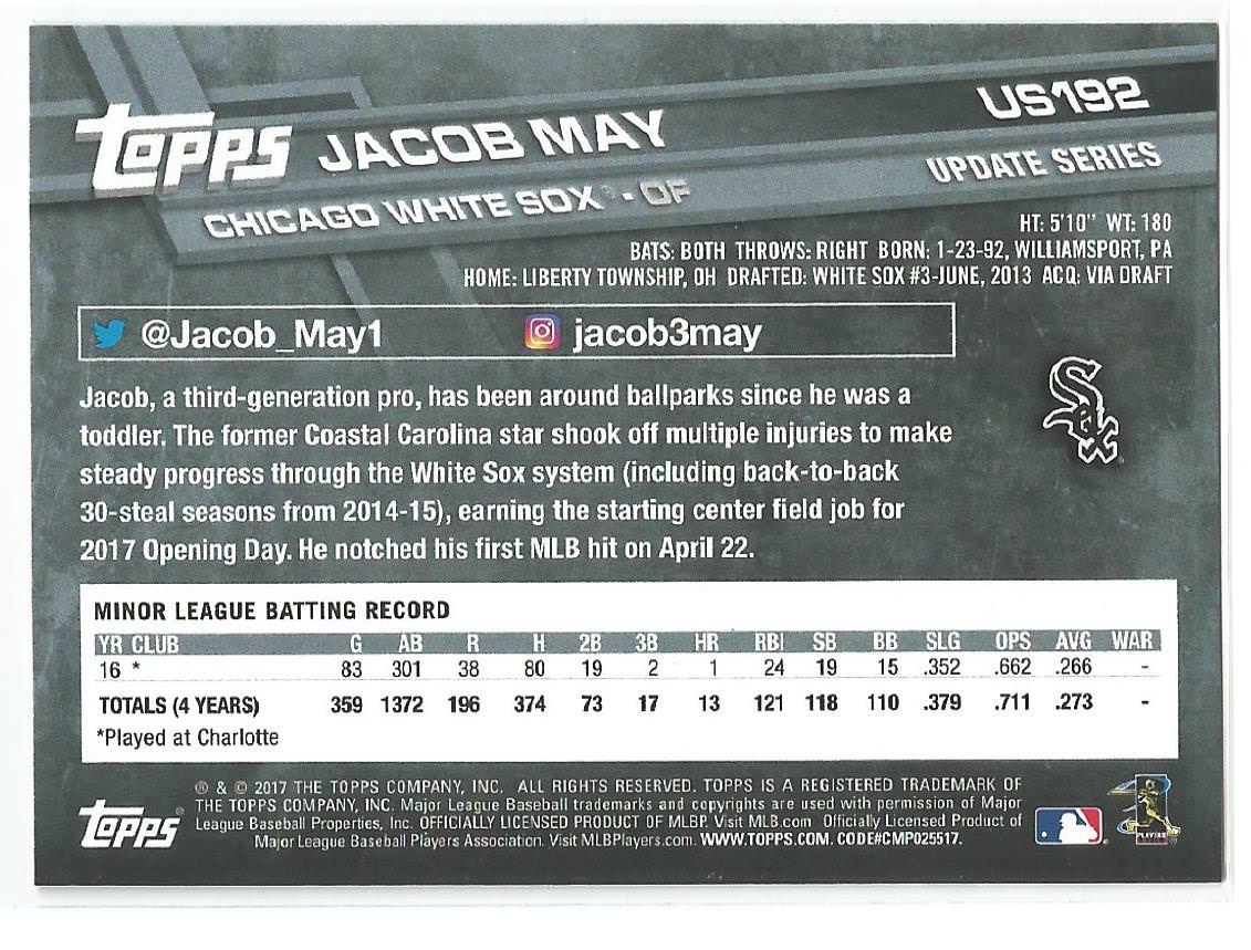 Jacob May Chicago White Sox 2017 Topps Update Rookie Card