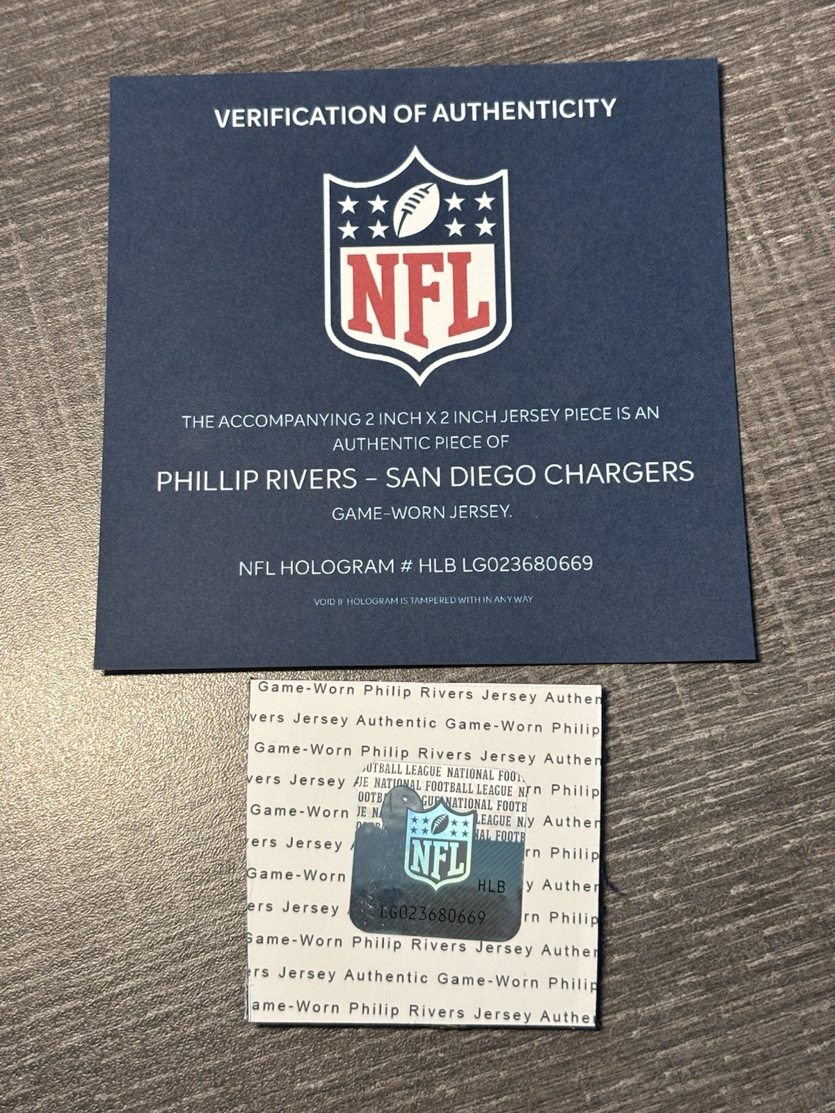 PHILLIP RIVERS GAME USED WORN PATCH NFL COA HOLOGRAM SAN DIEGO CHARGERS HOF GU