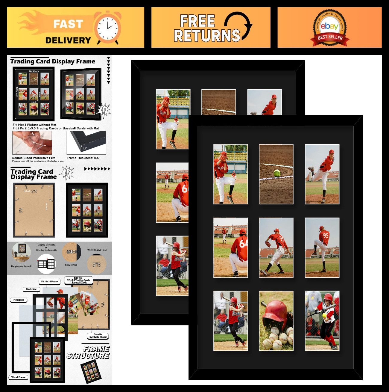 9-Card Trading Card Display Frame – Wall Mount for Sports Collectors, Black