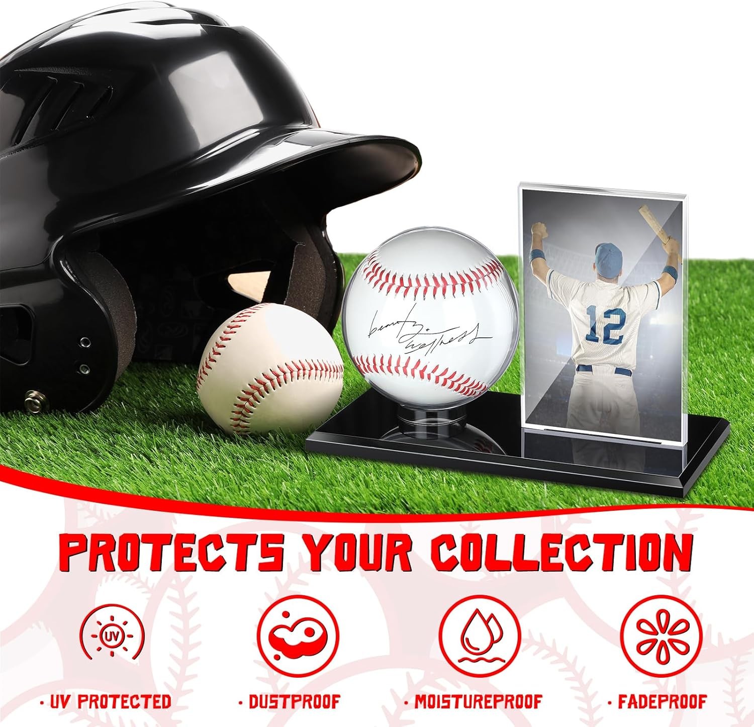Baseball Display Case for Ball and Cards Clear Base Ball Holder Ring Stand Set