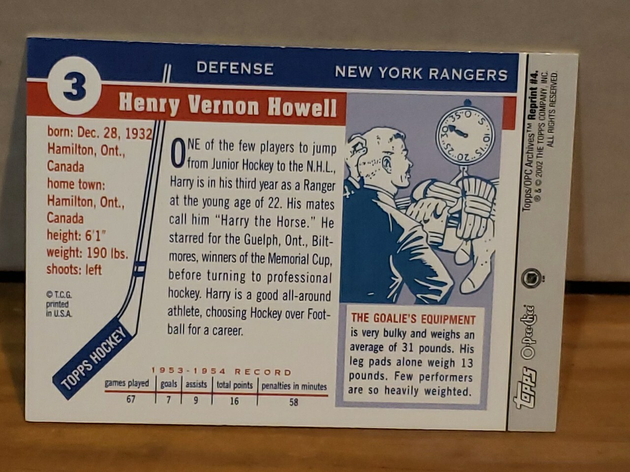 2002 Topps/OpeeChee Archives Harry Howell Reprint Card#4 New York Rangers