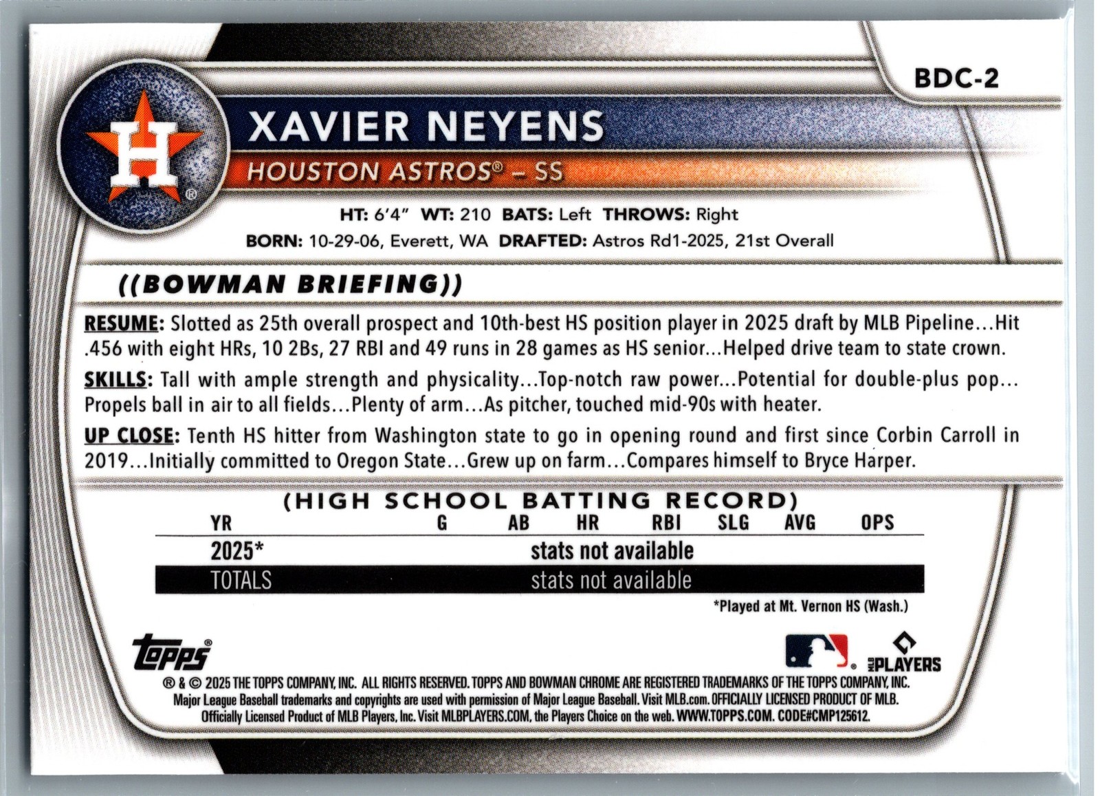 2025 Bowman Draft #BDC-2 Xavier Neyens Chrome 1st – Houston Astros