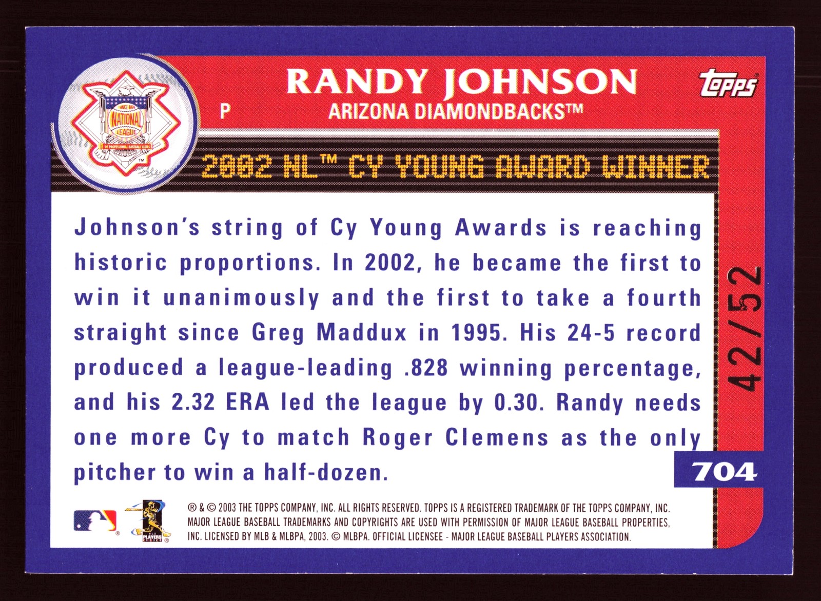 Randy Johnson Arizona Diamondbacks Black 2003 Topps #704