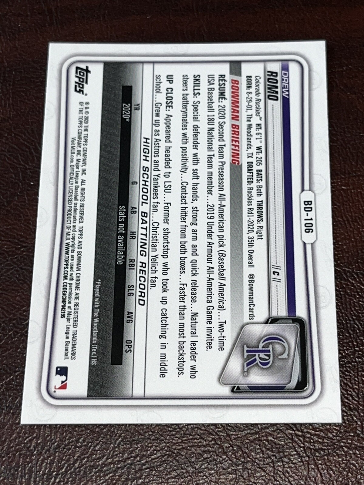 2020 Bowman Draft DREW ROMO 1st Chrome #BD-106 Rockies Qty Avail