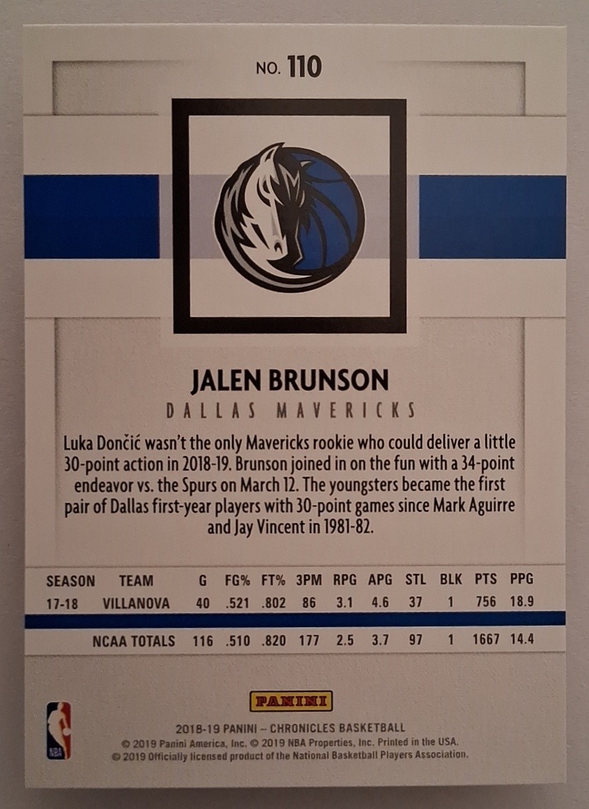 2018-19 Panini Chronicles Jalen Brunson #110 RC Mavericks Knicks Finals MVP