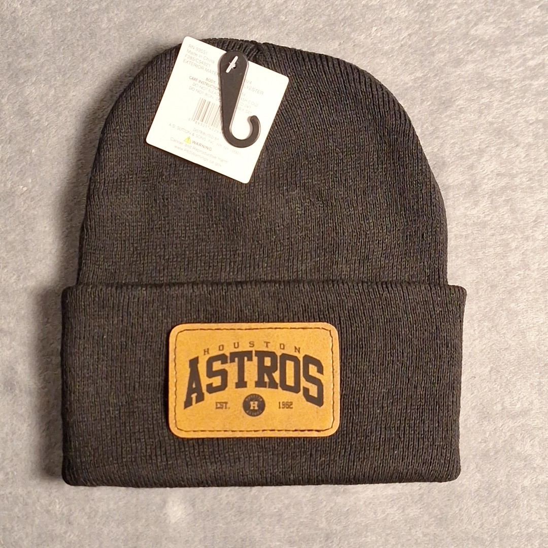 Houston Astros Leather Rectangle Patch Black Beanie Cap MLB