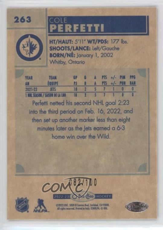 2022-23 O-Pee-Chee Retro Black Border 82/100 Cole Perfetti #263 14sr