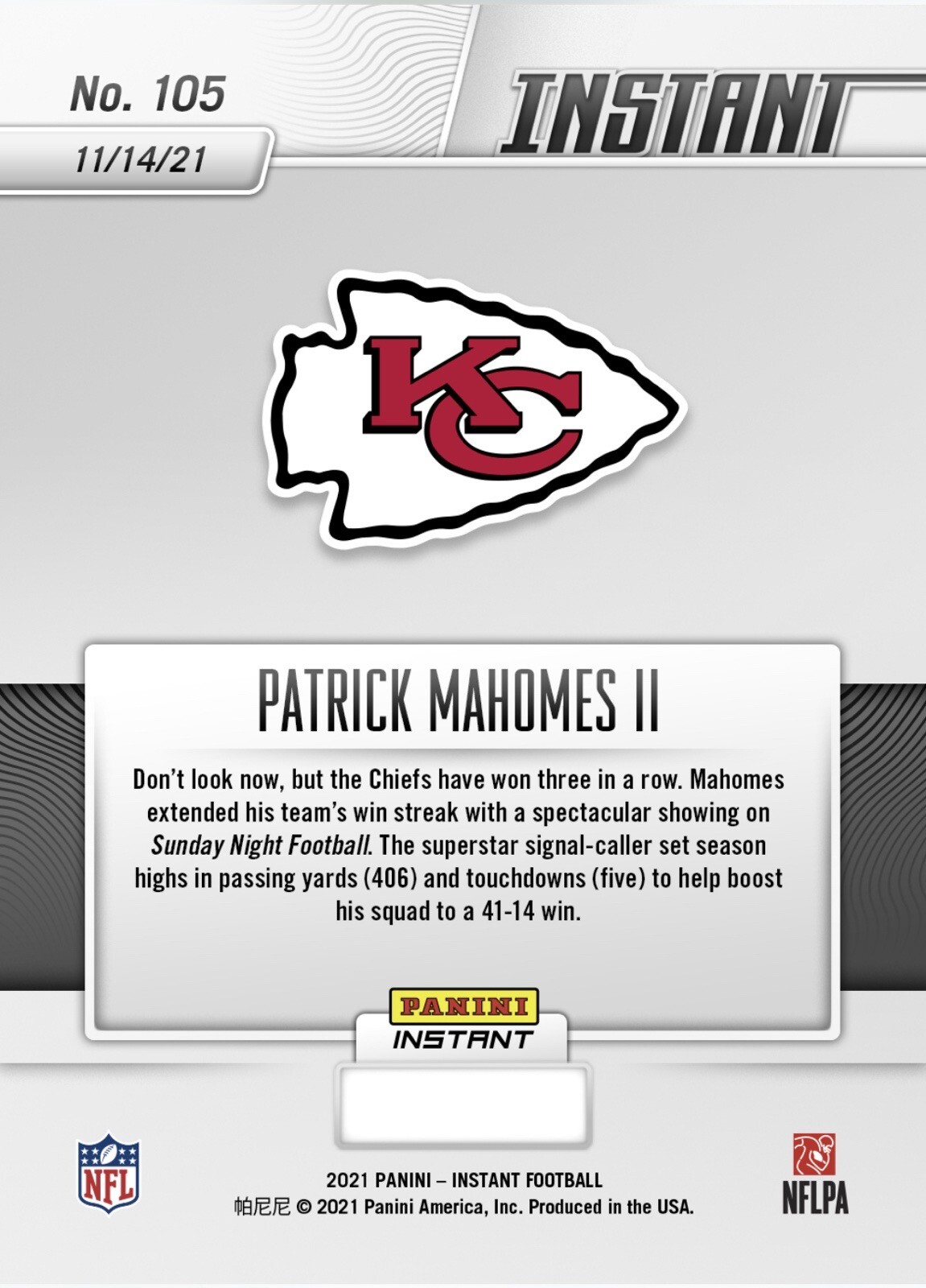 2021 Instant #105 PATRICK MAHOMES “MAHOMES TOSSES 5 TD PASSES” #’d 1/290 *READ*