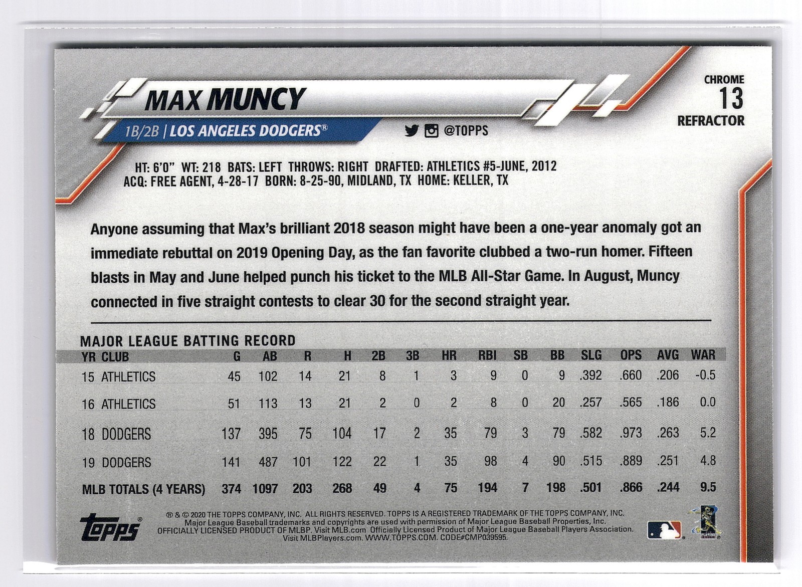 2020 Topps Chrome #13 Max Muncy Pink Refractor
