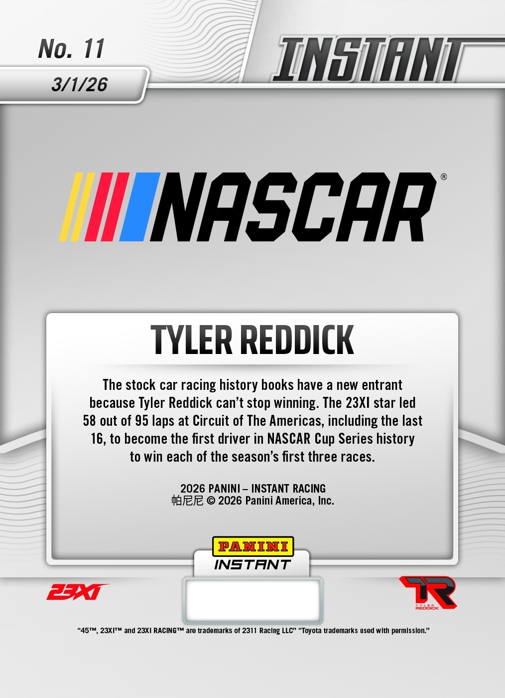 Tyler Reddick 2026 Panini Instant NASCAR #11 3 IN A ROW COTA card NASCAR