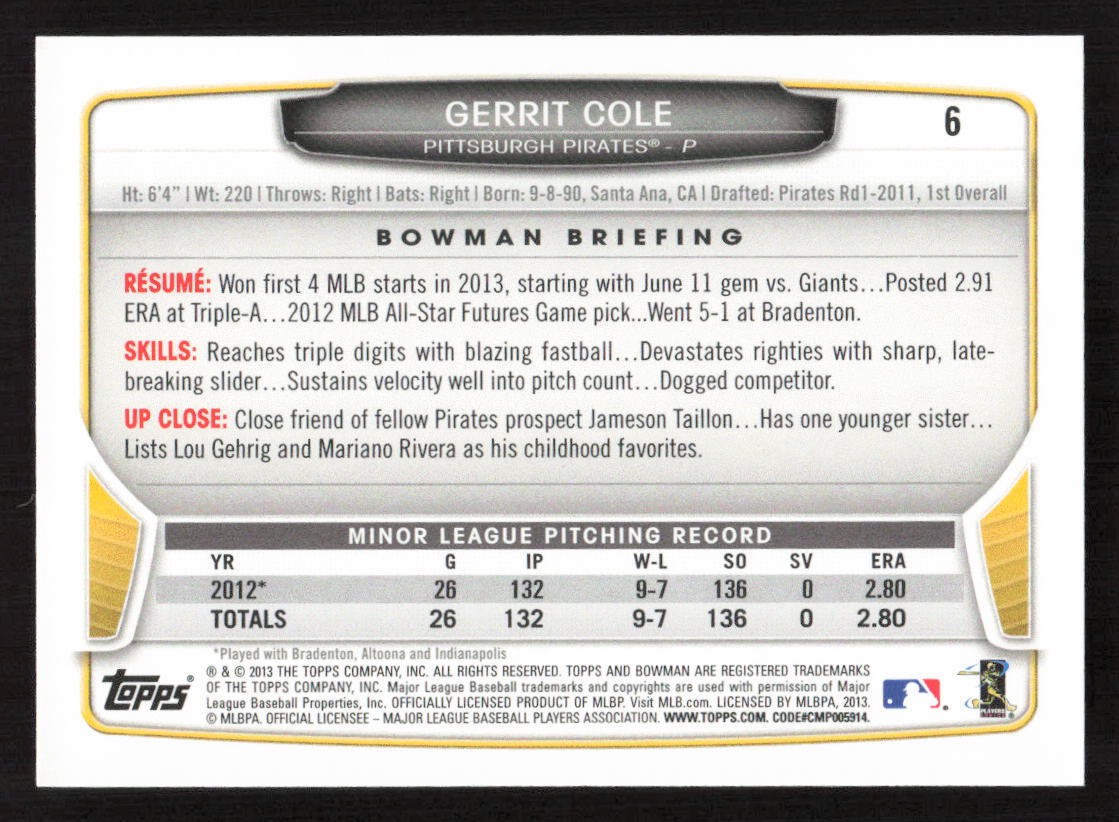 2013 Bowman Draft Picks & Prospects Gerrit Cole RC Rookie #6 Card – Quantity!