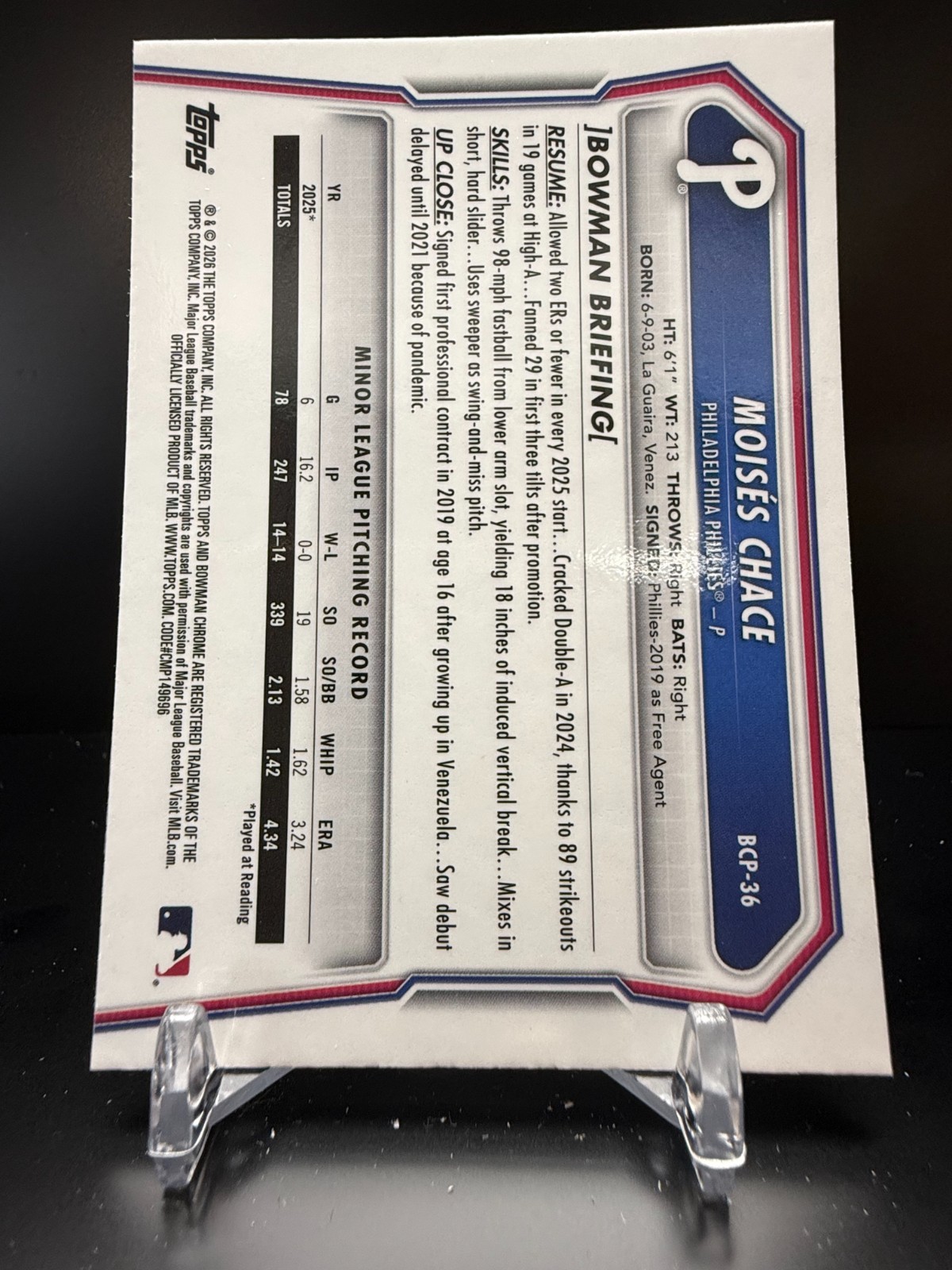 F931 – 2026 Bowman Chrome Prospects – Moises Chace #BCP-36 – Mojo Refractor