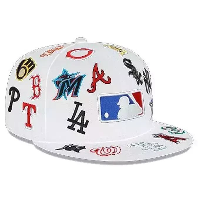 “BOXED” MLB Teams Patch Logos All-Over Black/White 59FlFTY Fitted Cap-5950 Hat