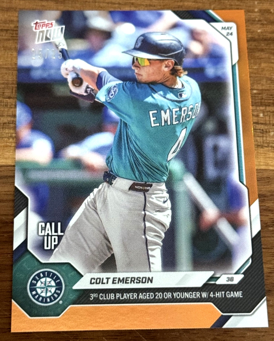 2026 MLB Topps Now Colt Emerson Call-Up 4 Hit Game #241 Mariners Orange 25/25