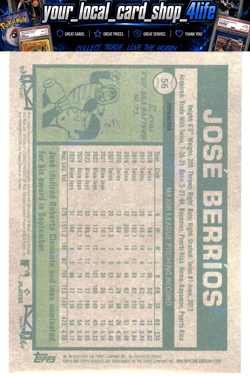 2026 Topps Heritage Chrome Refractors #56 José Berríos Toronto Blue Jays