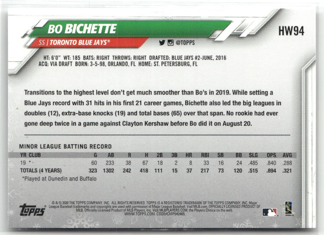 2020 TOPPS HOLIDAY #HW94 BO BICHETTE METALLIC TORONTO BLUE JAYS RC