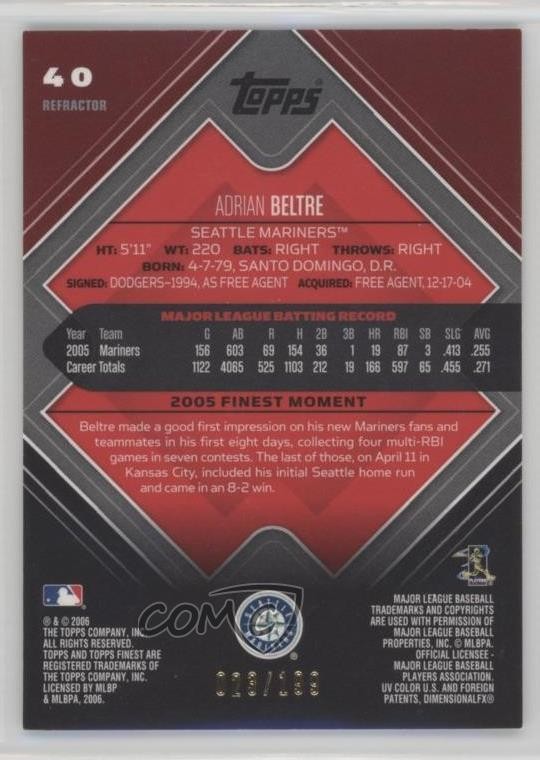 2006 Topps Finest Green Refractor /199 Adrian Beltre #40 HOF 0pv7