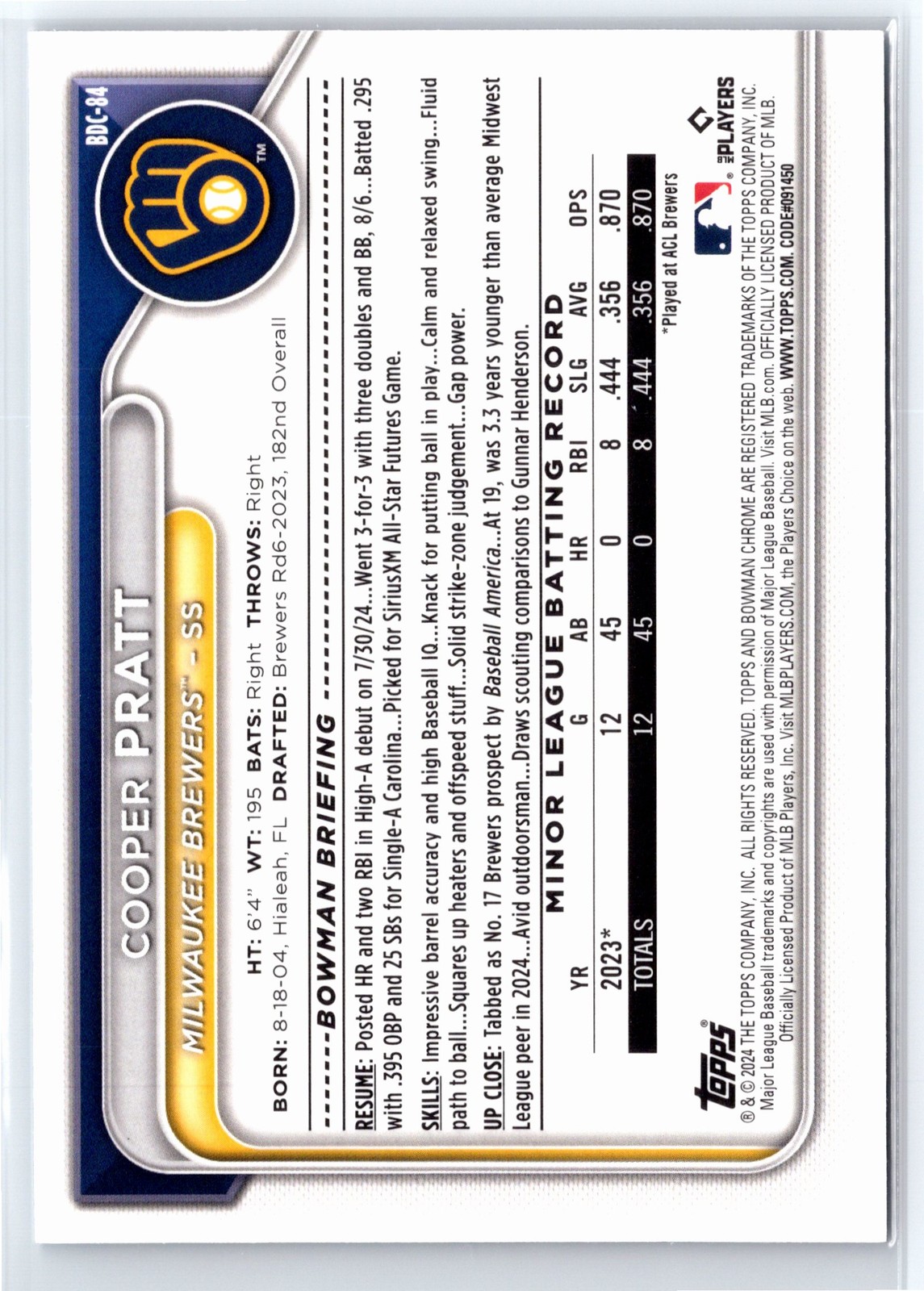 2024 Bowman Draft | Cooper Pratt | Prospect Sapphire