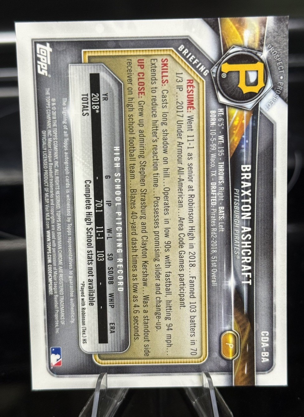 2018 Bowman Purple Chrome Braxton Ashcraft Rookie 1st Bowman Auto /250