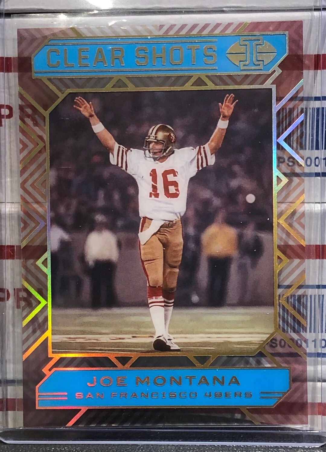 2020 PANINI ILLUSIONS JOE MONTANA, #17, CLEAR SHOTS, LIGHT BLUE, SERIAL #170/299