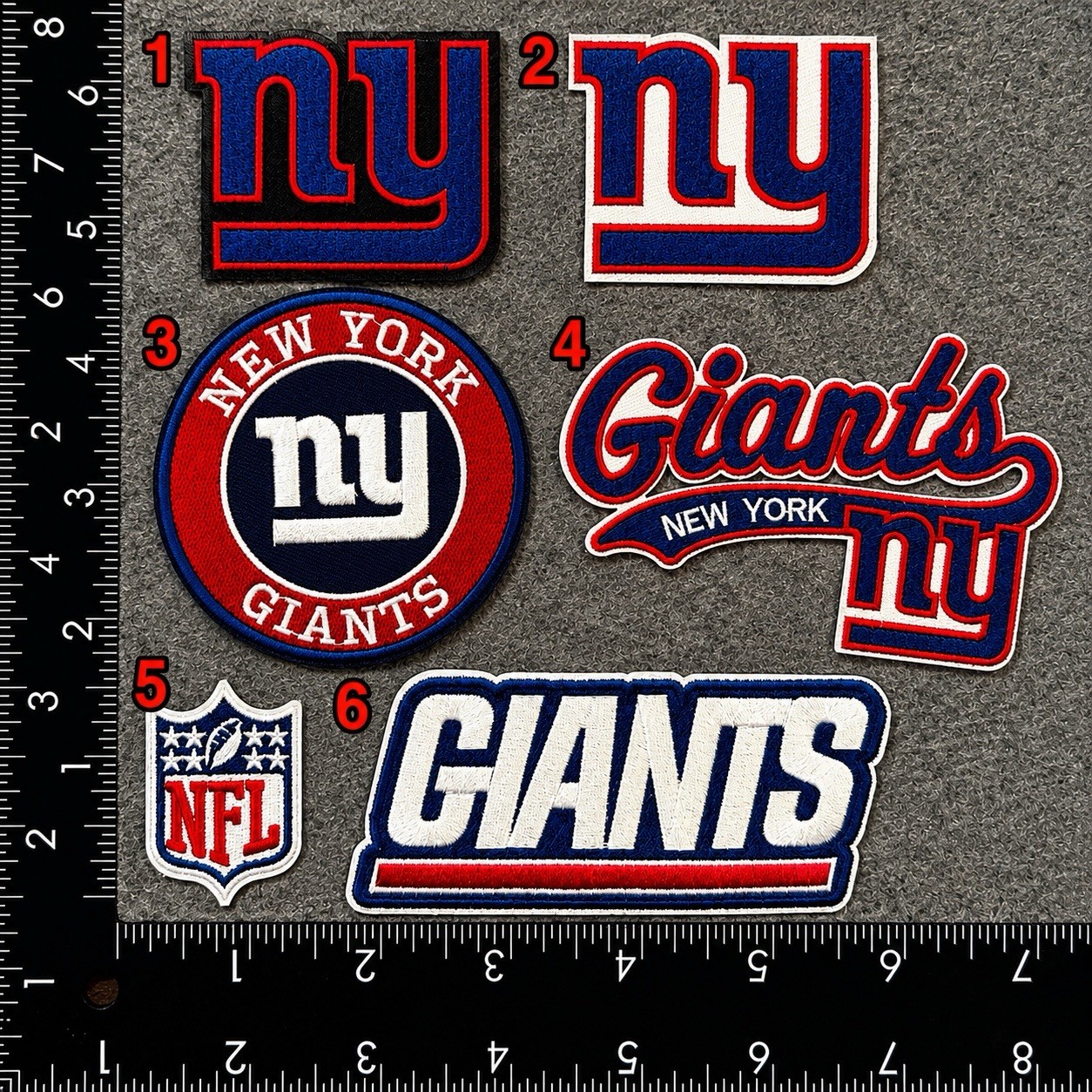 NEW YORK GIANTS SET OF 6 NFL FOOTBALL IRON ON PATCHES SEE PHOTO/ RULER